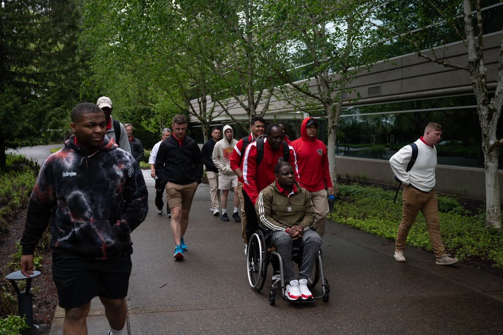 Recovering Service Members participate in a warrior athlete reconditioning program  training camp at Nike World Headquarters