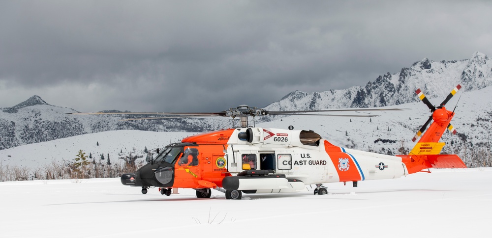 Coast Guard MH-60 Jayhawk helicopter aircrews from Air Station Astoria train above Mount St. Helens