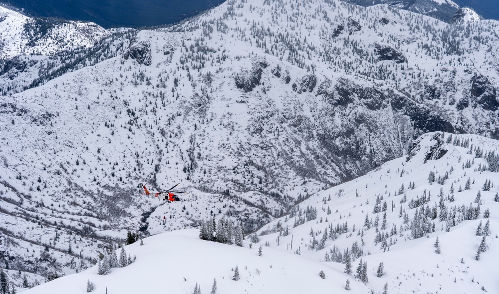 Coast Guard MH-60 Jayhawk helicopter aircrews from Air Station Astoria train above Mount St. Helens