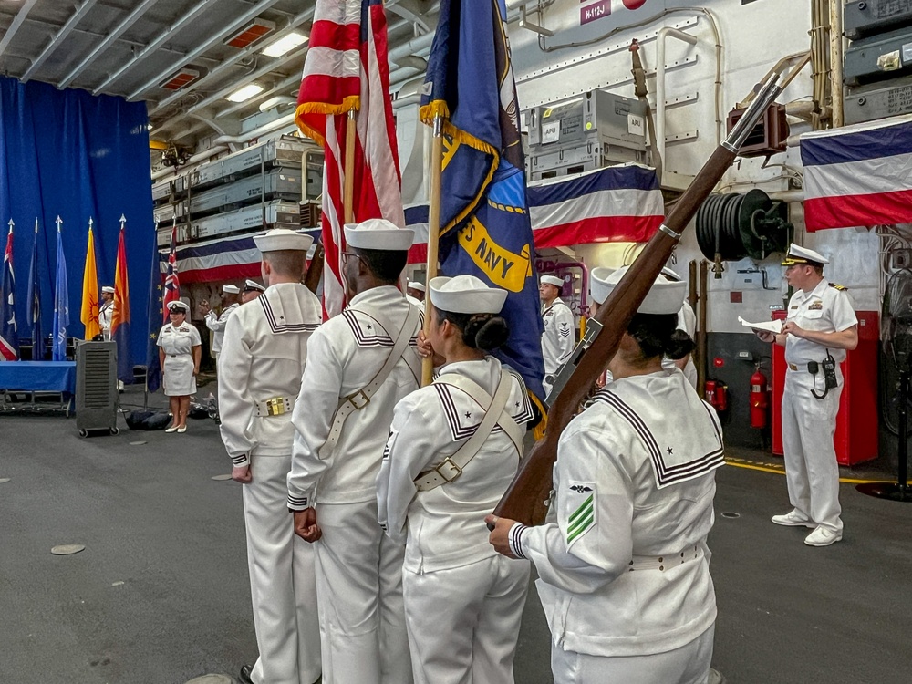 The U.S. Navy Honor Guard stands at attention during an Oath of Enlistment ceremony during Fleet Week Miami 2024