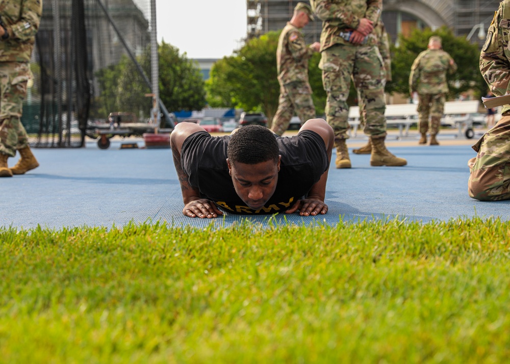 Delaware Army National Guard Soldier at the Bottom of a Hand Release Push-up for the Army Combat Fitness Test