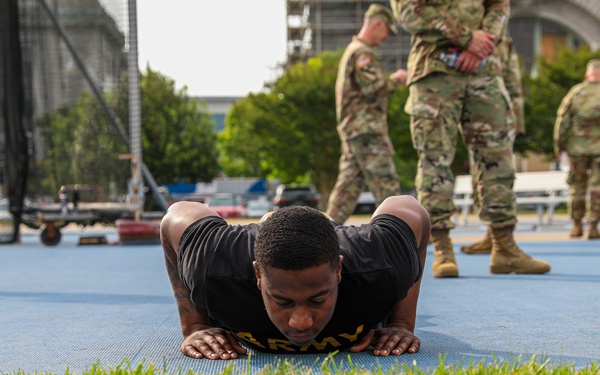 Delaware Army National Guard Soldier at the Bottom of a Hand Release Push-up for the Army Combat Fitness Test