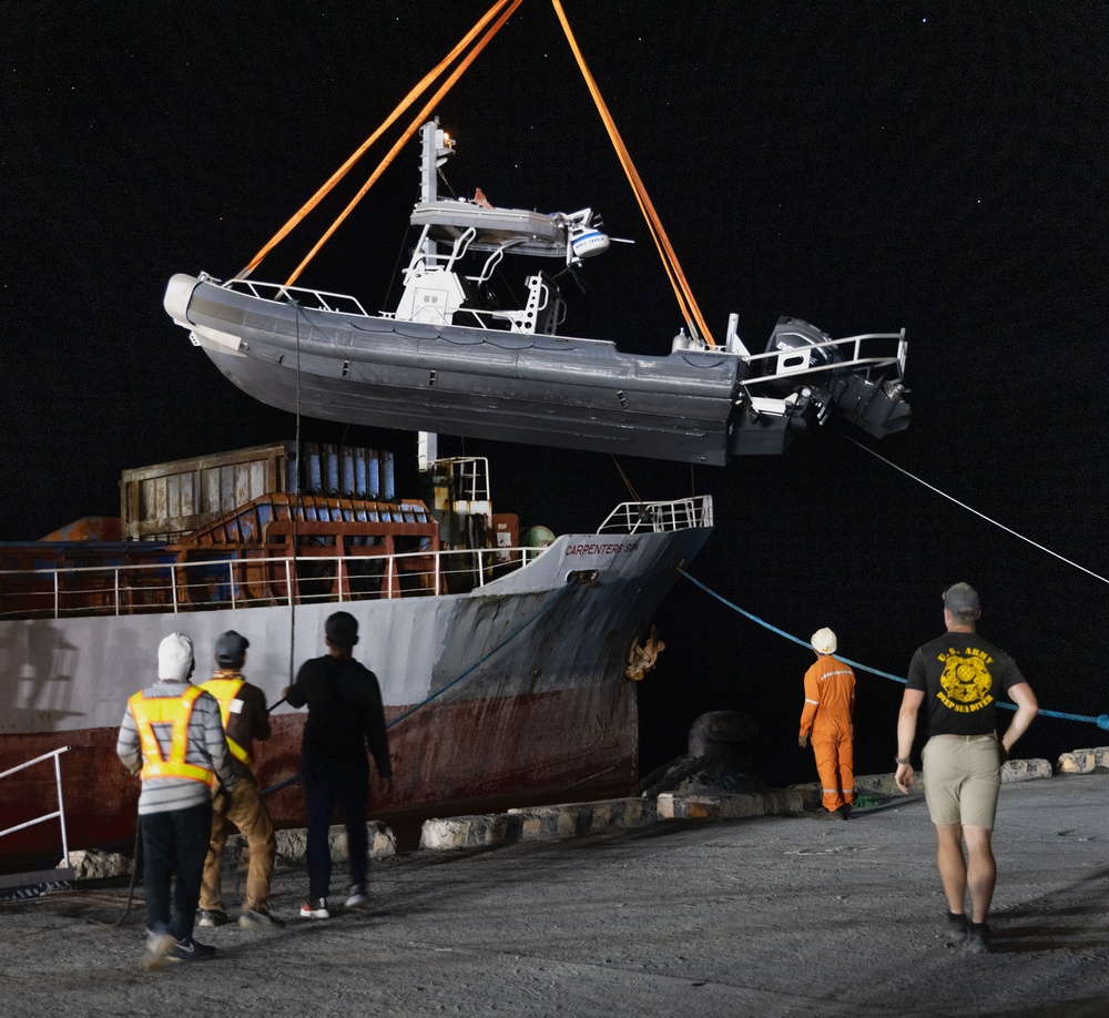 Balikatan 24: U.S. Army Divers Unload Equipment from Cargo Ship