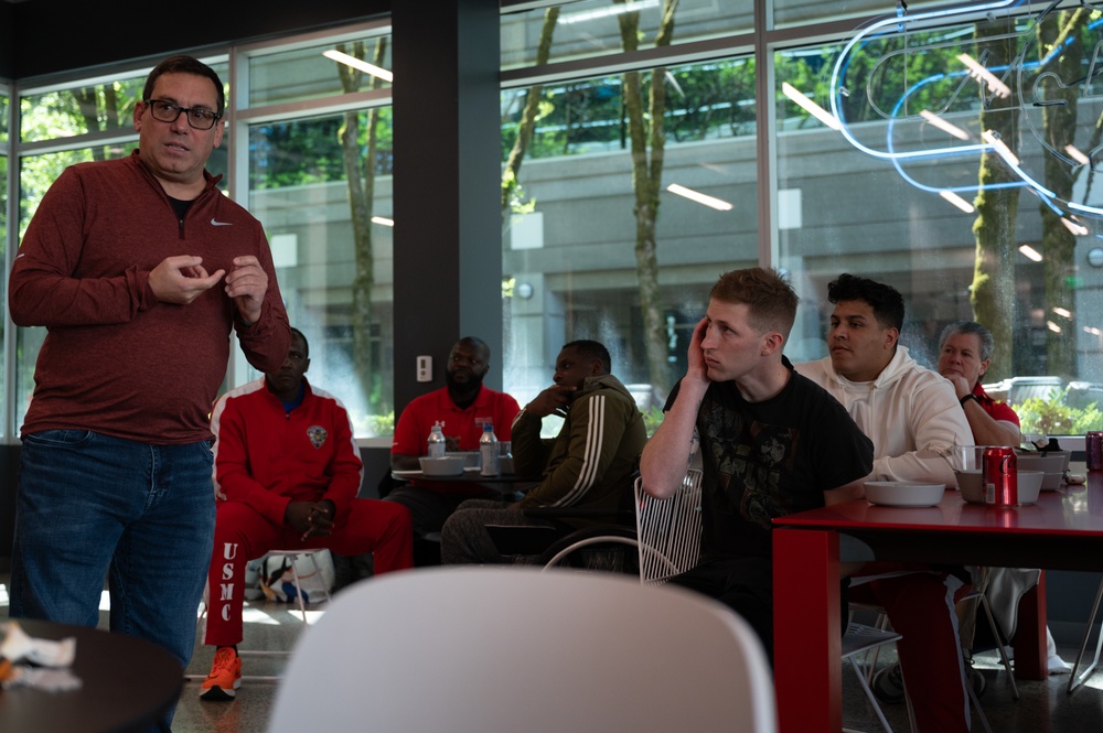 Recovering Service Members participate in a warrior athlete reconditioning program training camp at Nike World Headquarters