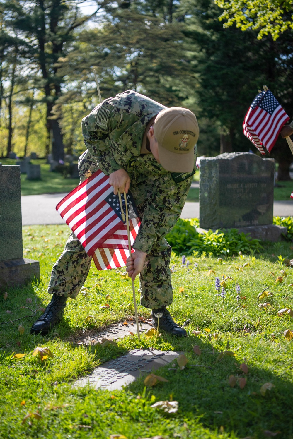 USS Constitution Sailors plant flags for Memorial Day