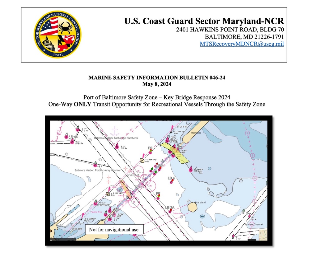 Captain of the Port to establish a transit plan to afford recreational vessels the opportunity for transit through the Key Bridge Response Safety Zone, Sunday