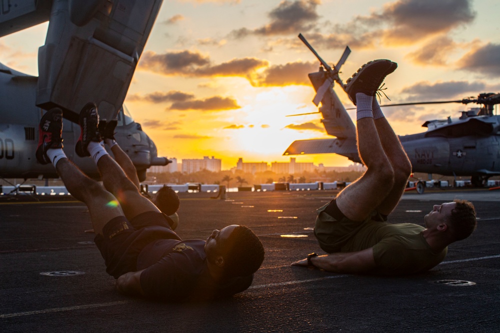 U.S. Marines Conduct Early Morning Physical Training on USS Bataan (LHD 5) During Fleet Week Miami 2024