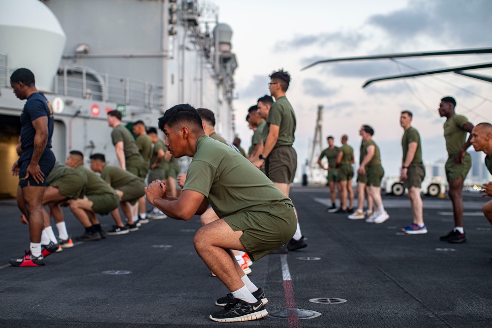 U.S. Marines Conduct Early Morning Physical Training on USS Bataan (LHD 5) During Fleet Week Miami 2024