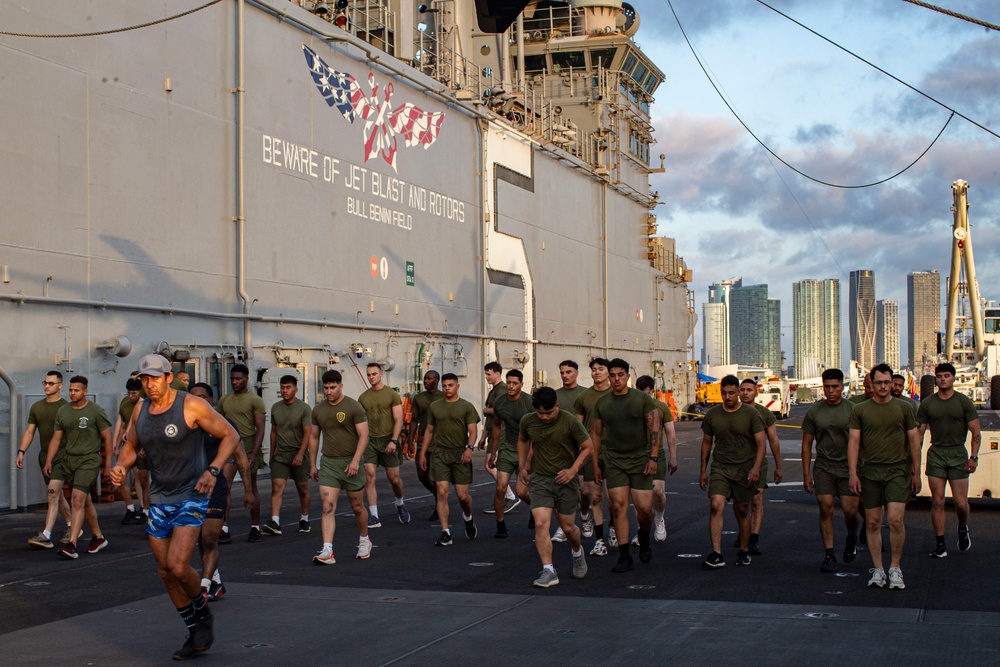U.S. Marines Conduct Early Morning Physical Training on USS Bataan (LHD 5) During Fleet Week Miami 2024