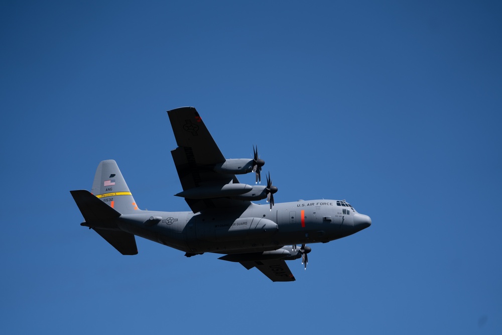 A C-130 (MAFFS 1) from Wyoming Air National Guard's 153rd Airlift Wing does a dry pass before performing a water drop May 8, 2024, during Modular Airborne Fire Fighting System (MAFFS) Spring Training 2024