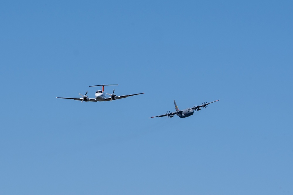 U.S. Forest Service Lead Plane leads a C-130 from Wyoming Air National Guard's 153rd Airlift Wing during Modular Airborne Fire Fighting System (MAFFS) Spring Training 2024