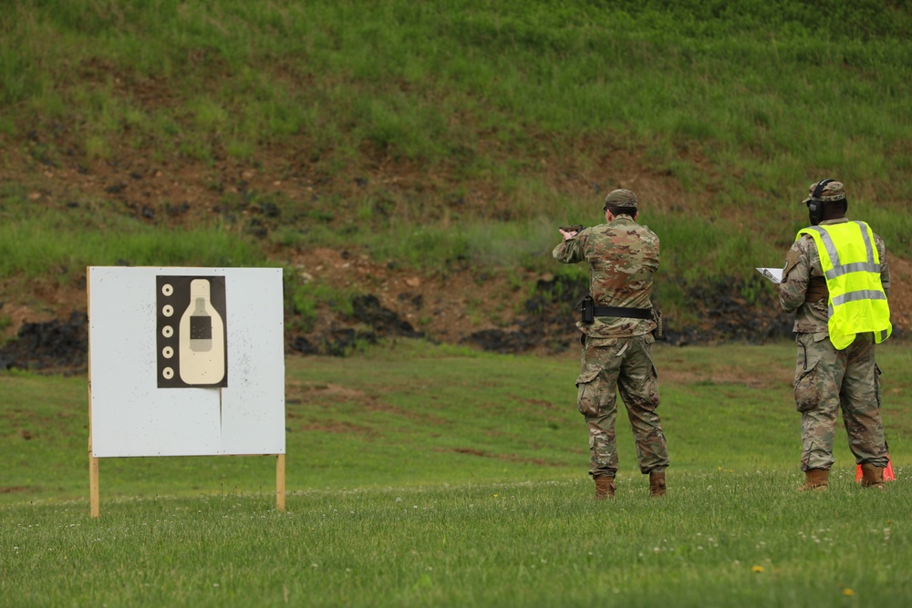 West Virginia Army National Guard Soldier Fires Pistol during Combat Pistol Qualification Course