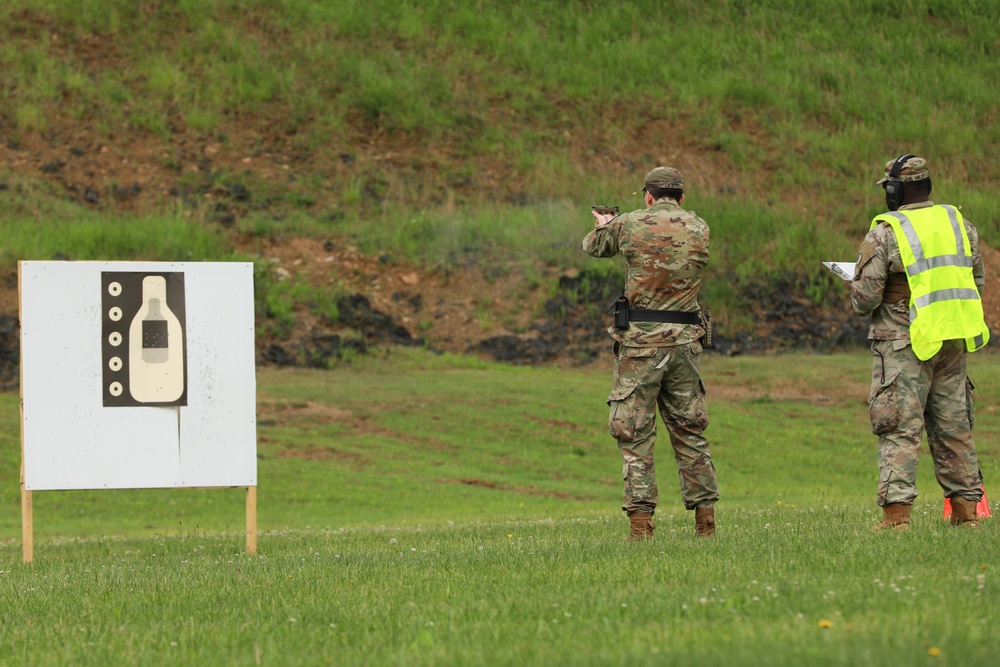 West Virginia Army National Guard Soldier Fires Pistol during Combat Pistol Qualification Course