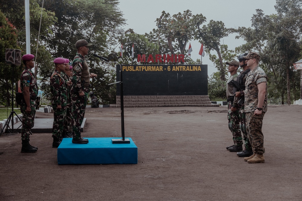 Members of Indonesian Korps Marinir, 1st Recon Bn. Marines participate in opening ceremony for reconnaissance exchange