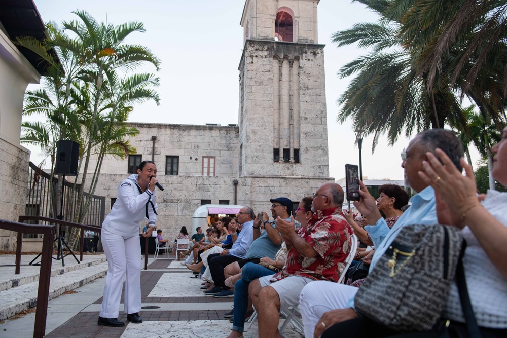 U.S. Navy Musician 3rd Class Bernadette Rocks, from Tannersville, N.J., assigned Navy Band Southeast, performs to a crowd during a public concert in Coral Gables, Fla., during Fleet Week Miami May 11, 2024.