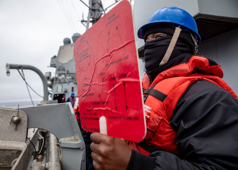 Sailors Aboard USS Dewey Conduct Replenishment-at-Sea with USNS Cesar Chavez, April 22