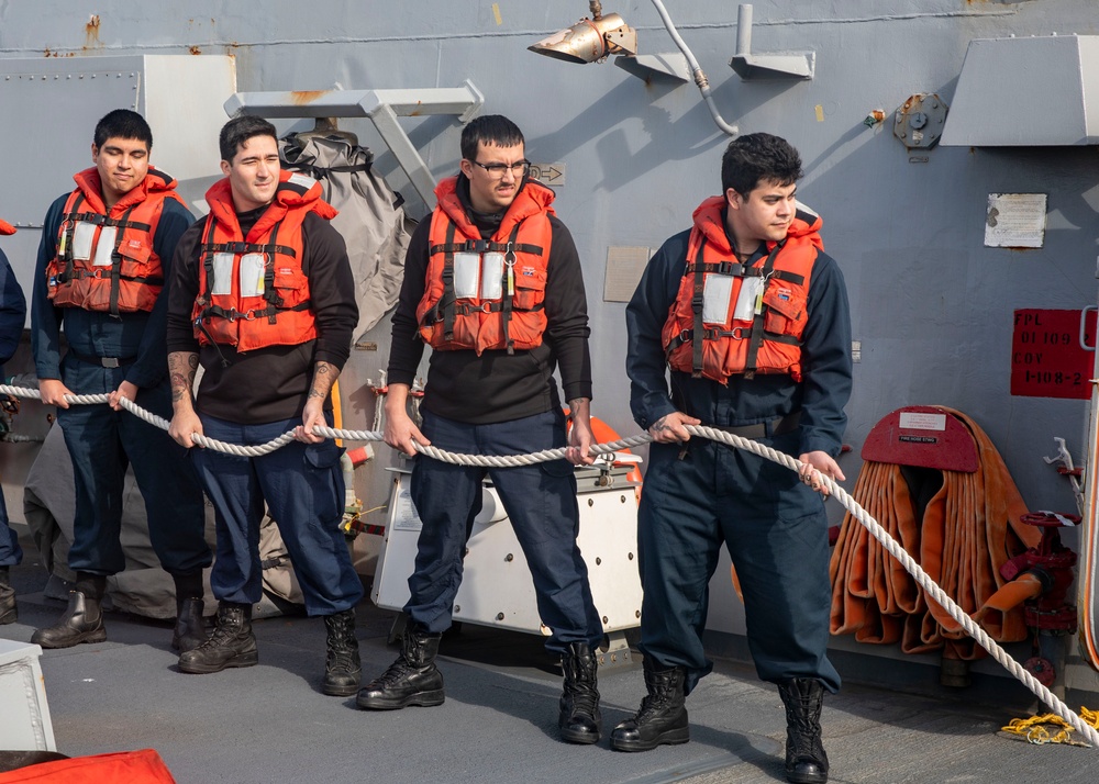 Sailors Conduct Man Overboard Drill Aboard USS Dewey, April 23