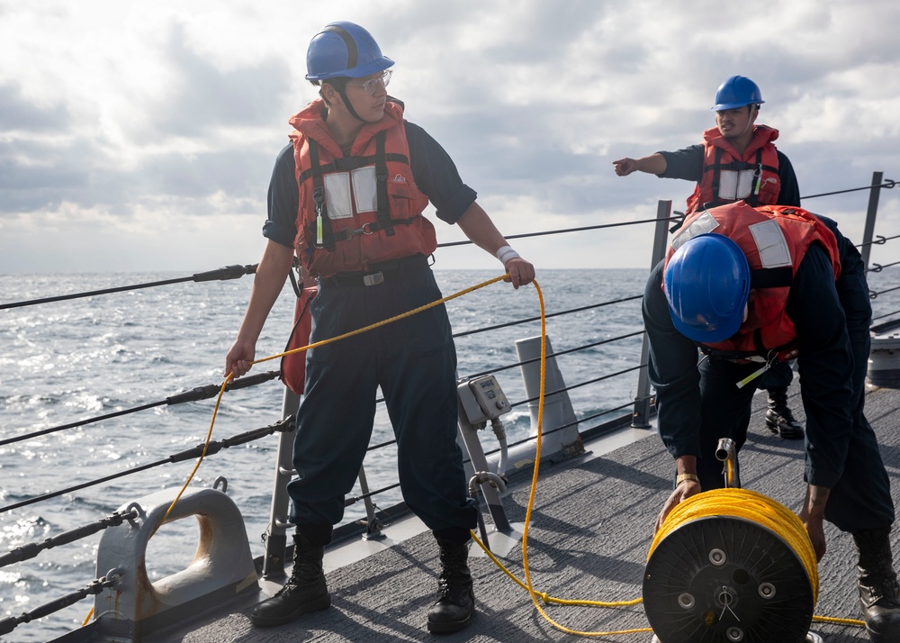 Sailors Conduct Man Overboard Drill Aboard USS Dewey, April 23