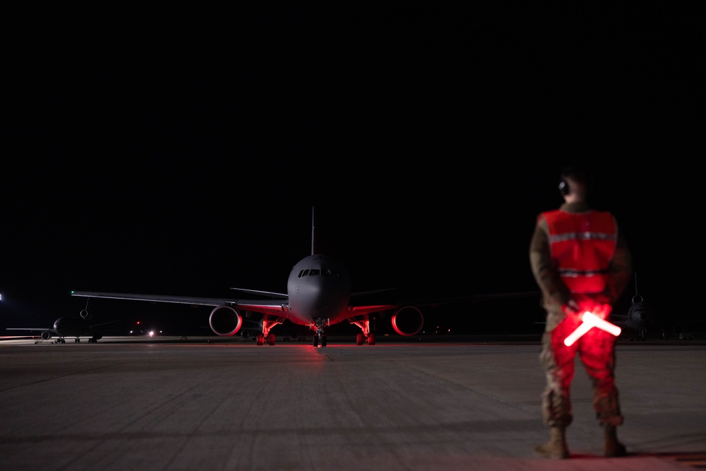 KC-46A Pegasus crew conducts nighttime preflight inspection