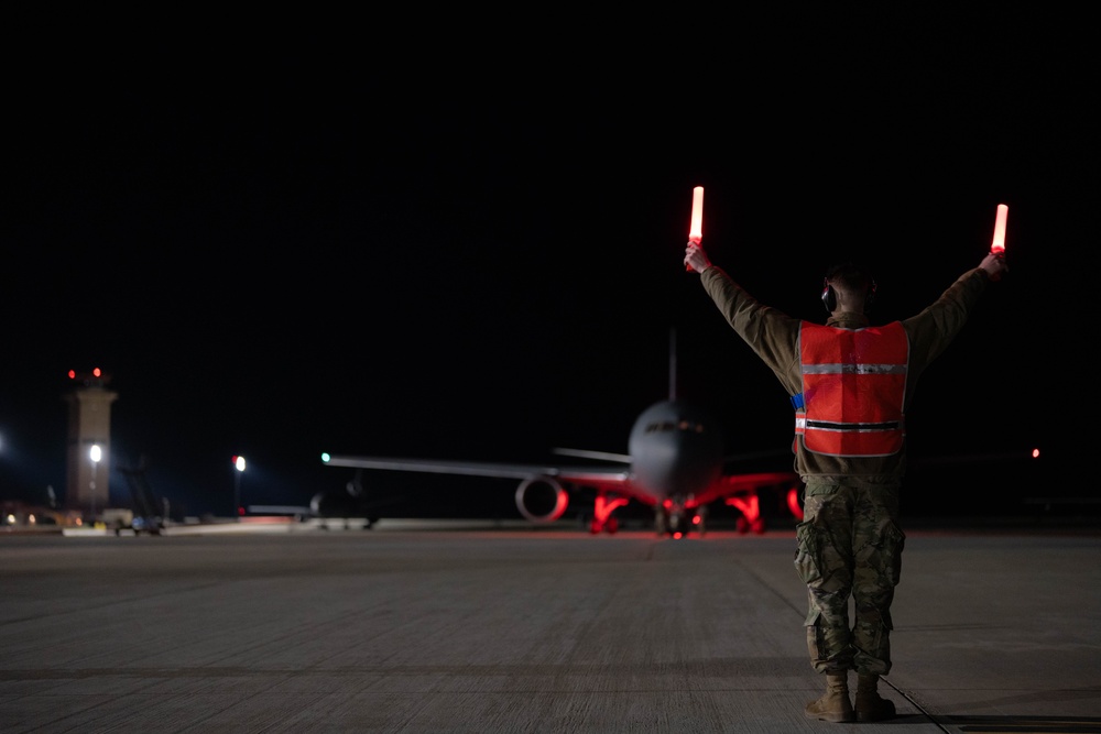 KC-46A Pegasus crew conducts nighttime preflight inspection