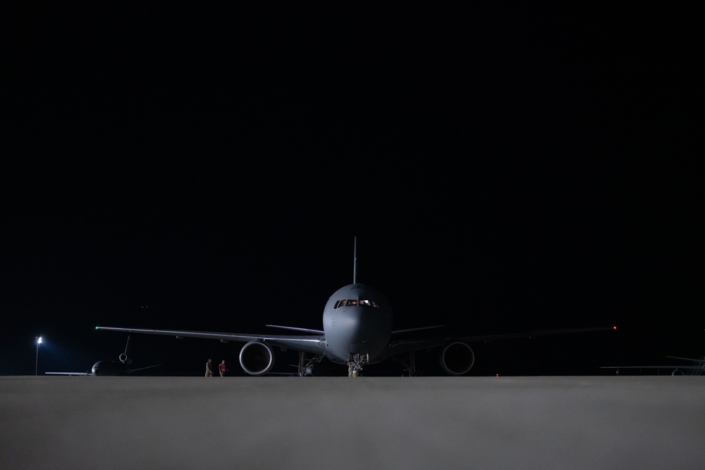 KC-46A Pegasus crew conducts nighttime preflight inspection