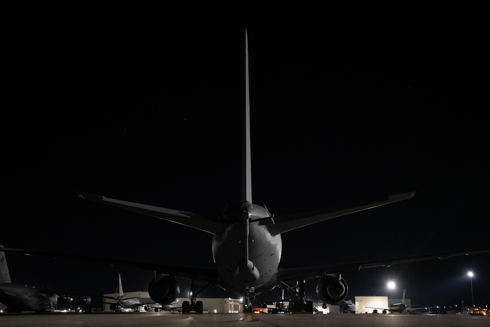 KC-46A Pegasus crew conducts nighttime preflight inspection