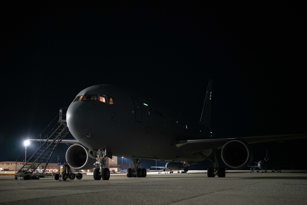 KC-46A Pegasus crew conducts nighttime preflight inspection