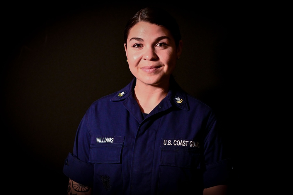 Petty Officer 2nd Class Shelby Williams poses for a Women's History Month photoshoot