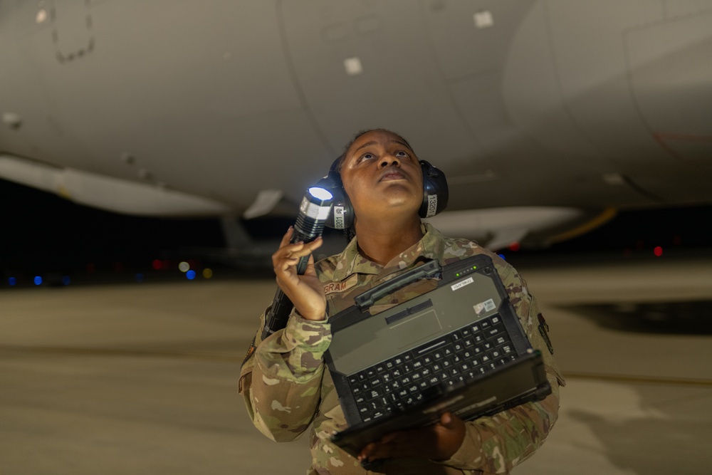 KC-46A Pegasus crew conducts nighttime preflight inspection