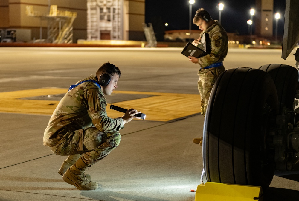 KC-46A Pegasus crew conducts nighttime preflight inspection