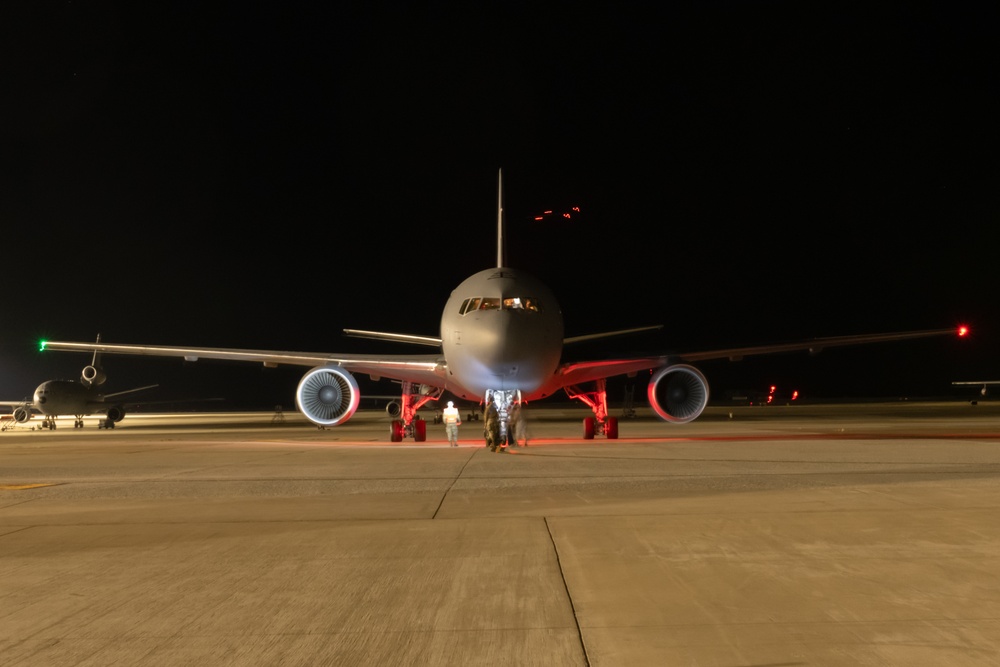 KC-46A Pegasus crew conducts nighttime preflight inspection