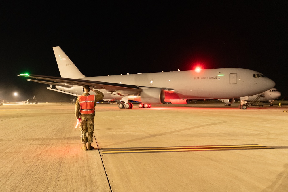 KC-46A Pegasus crew conducts nighttime preflight inspection