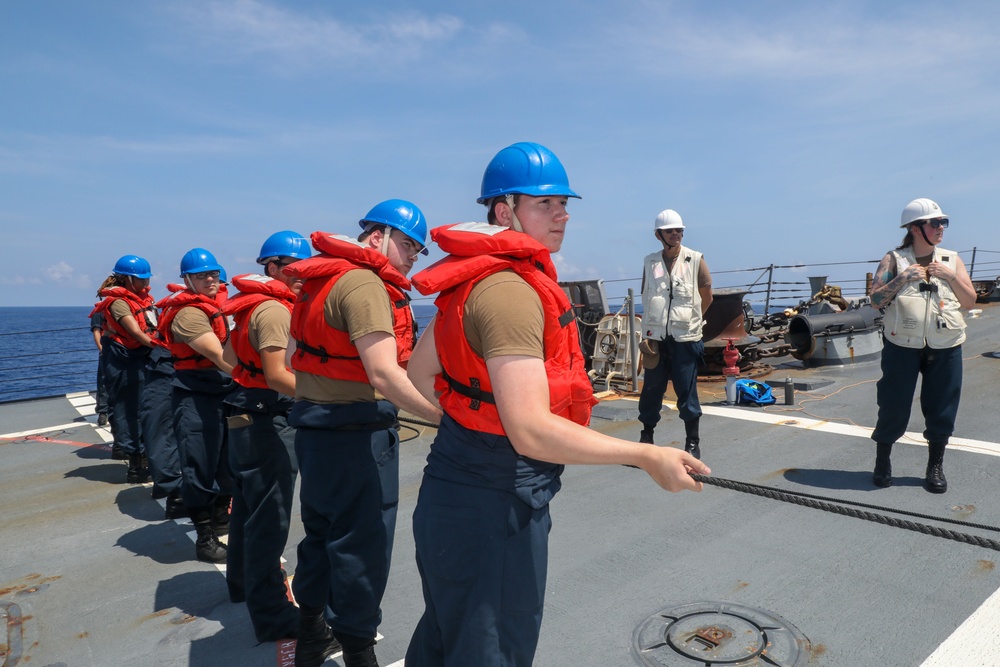 Sailors aboard the USS Howard conduct a replenishment-at-sea with the USNS John Ericsson in the South China Sea
