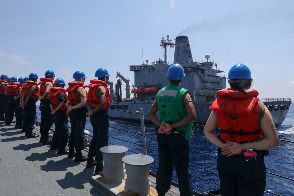 Sailors aboard the USS Howard conduct a replenishment-at-sea with the USNS John Ericsson in the South China Sea