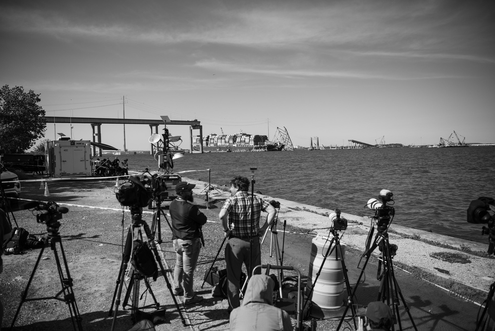 U.S. Army Corps of Engineers leadership conduct media availability following controlled demolition of Francis Scott Key Bridge wreckage