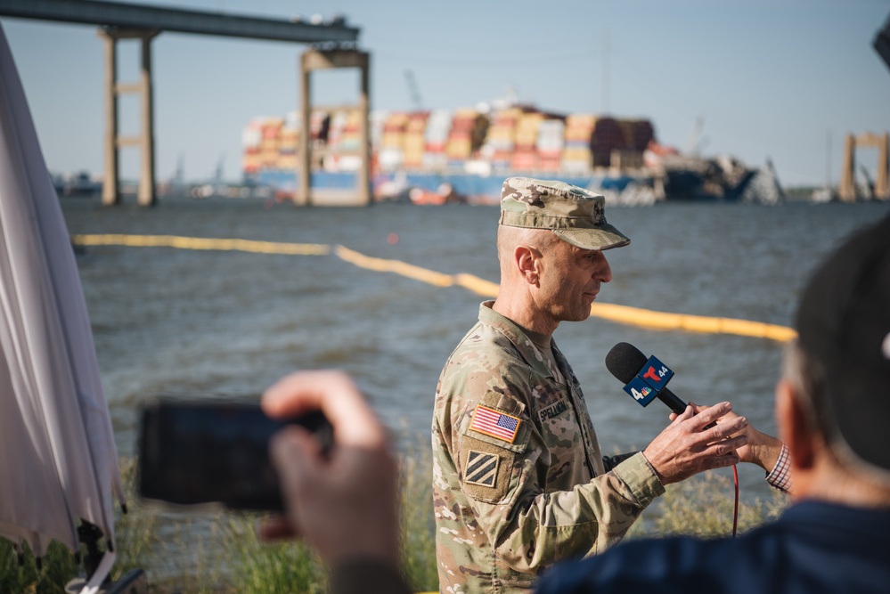 U.S. Army Corps of Engineers leadership conduct media availability following controlled demolition of Francis Scott Key Bridge wreckage