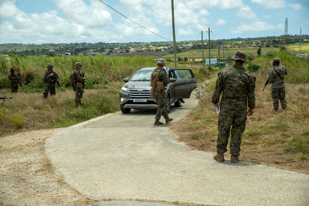Members of the U.S. and Mexican marines, Antigua army, Suriname army, Belize army, Royal Bahamas Defence Force, and Jamaican army establish security during raid