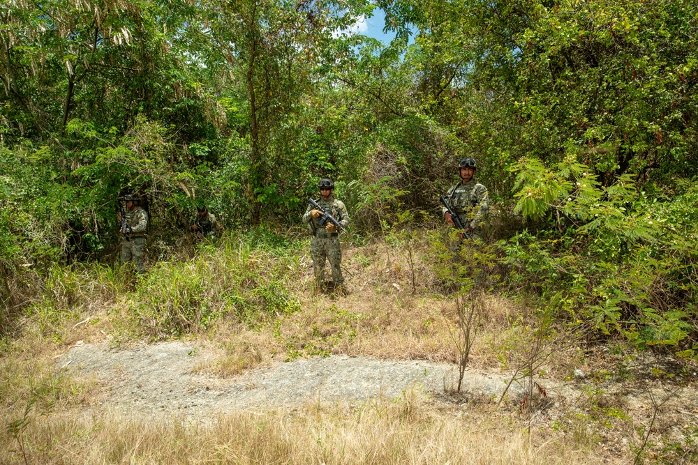 Members of the U.S. and Mexican marines, Antigua army, Suriname army, Belize army, Royal Bahamas Defence Force, and Jamaican army establish security during raid