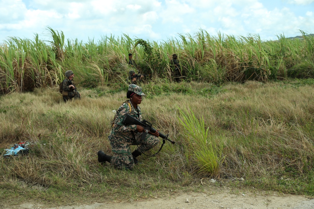 Members of the U.S. and Mexican marines, Antigua army, Suriname army, Belize army, Royal Bahamas Defence Force, and Jamaican army establish security during raid