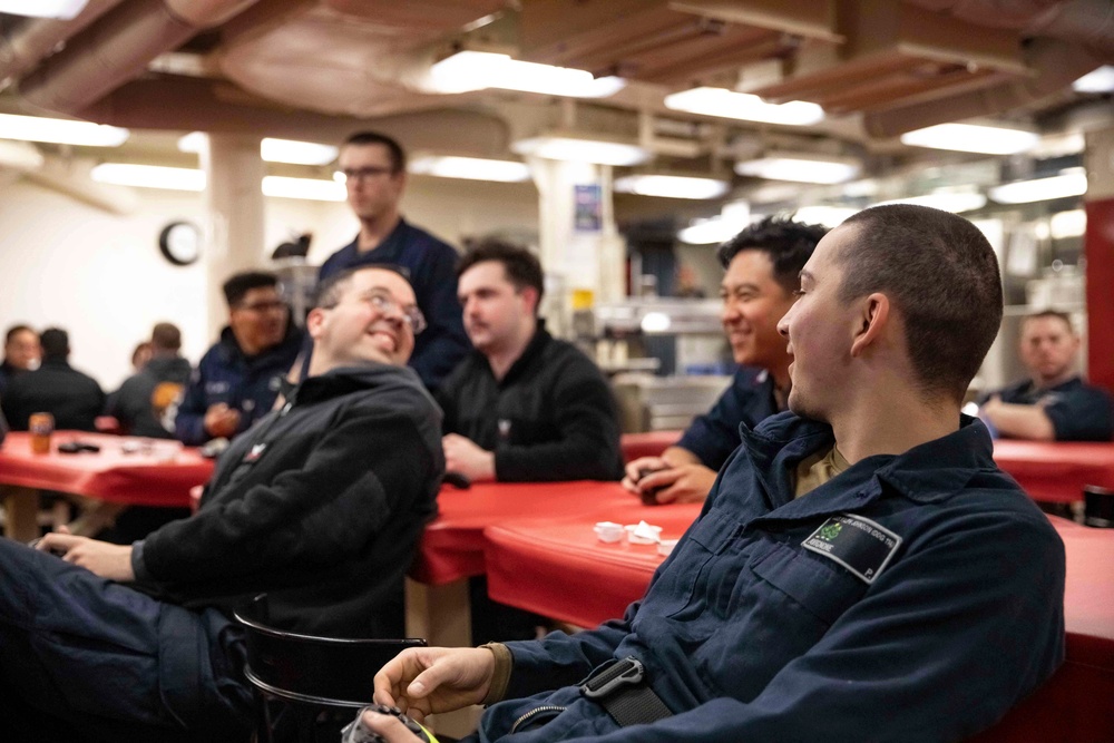 USS Ralph Johnson hosts game night for Sailors underway
