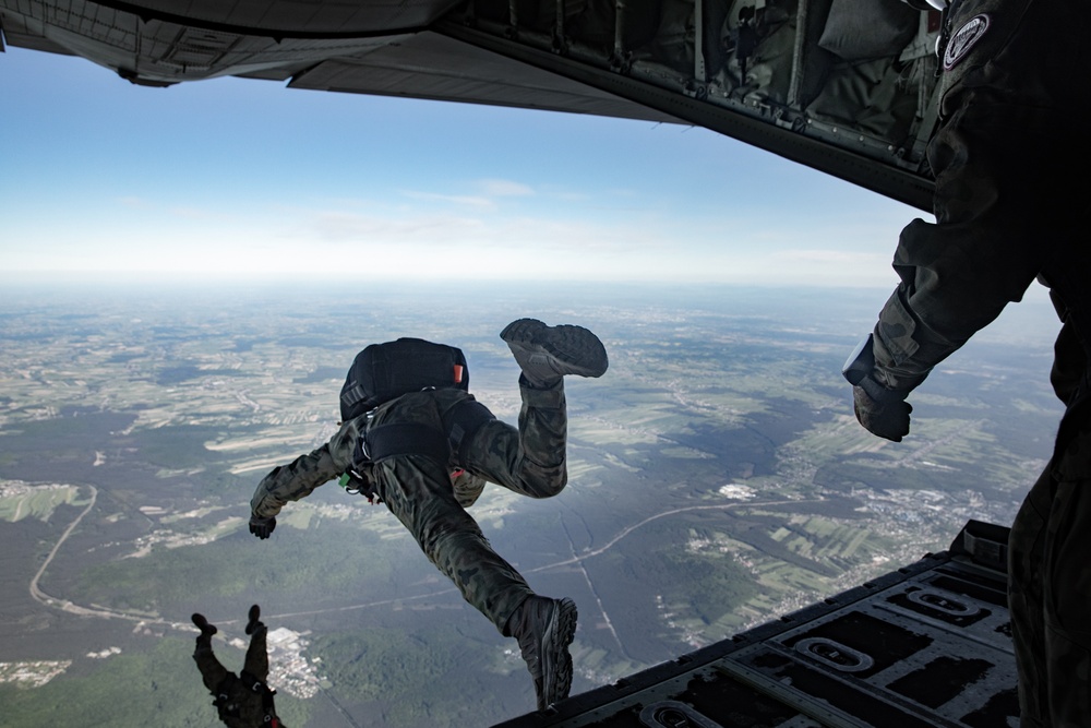 U.S. Army 10th Special Forces Group (Airborne) and Polish 6th Airborne Brigade perform a static line and high altitude low opening parachute jumps May 13-15, 2024 near Krakow Poland.