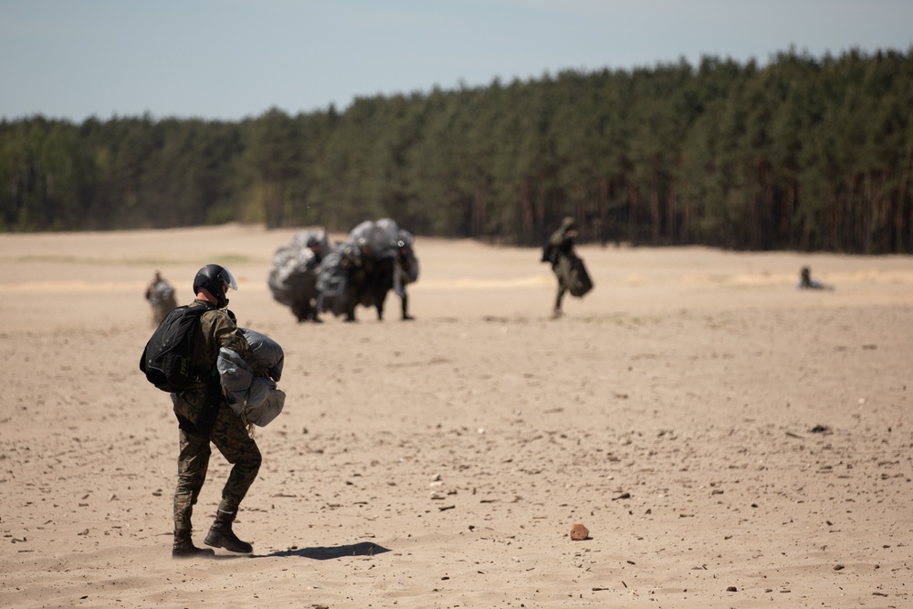 U.S. Army 10th Special Forces Group (Airborne) and Polish 6th Airborne Brigade perform a static line and high altitude low opening parachute jumps May 13-15, 2024 near Krakow Poland.