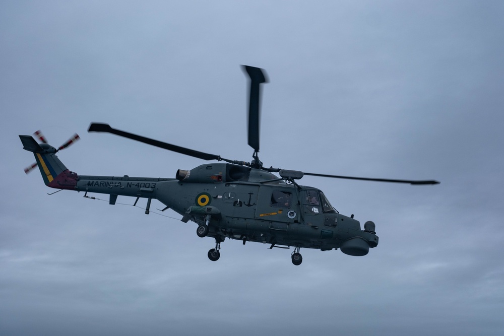 U.S. Coast Guard works with Brazilian navy helicopter crew
