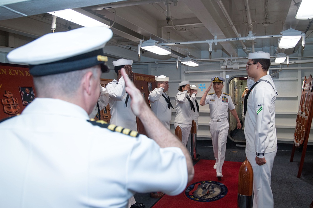 USS Ronald Reagan (CVN 76) hosts US Ambassador to Japan Rahm Emanuel, Japanese Government officials, leaders from the US Navy, JMSDF prior to departing Yokosuka, Japan after 9 years as FDNF carrier