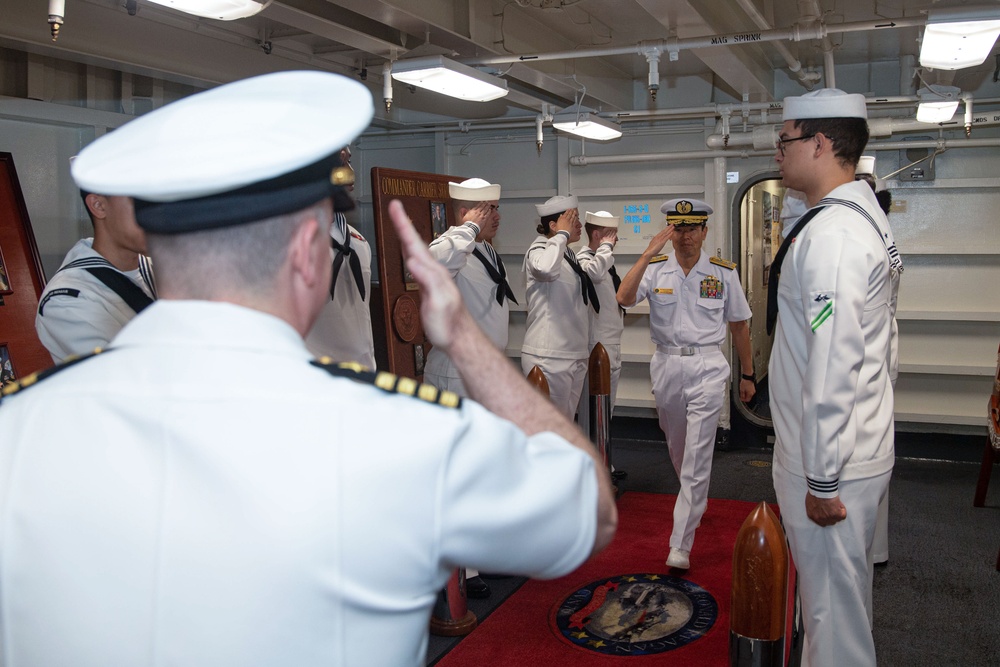 USS Ronald Reagan (CVN 76) hosts US Ambassador to Japan Rahm Emanuel, Japanese Government officials, leaders from the US Navy, JMSDF prior to departing Yokosuka, Japan after 9 years as FDNF carrier