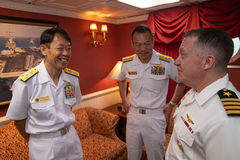 USS Ronald Reagan (CVN 76) hosts US Ambassador to Japan Rahm Emanuel, Japanese Government officials, leaders from the US Navy, JMSDF prior to departing Yokosuka, Japan after 9 years as FDNF carrier