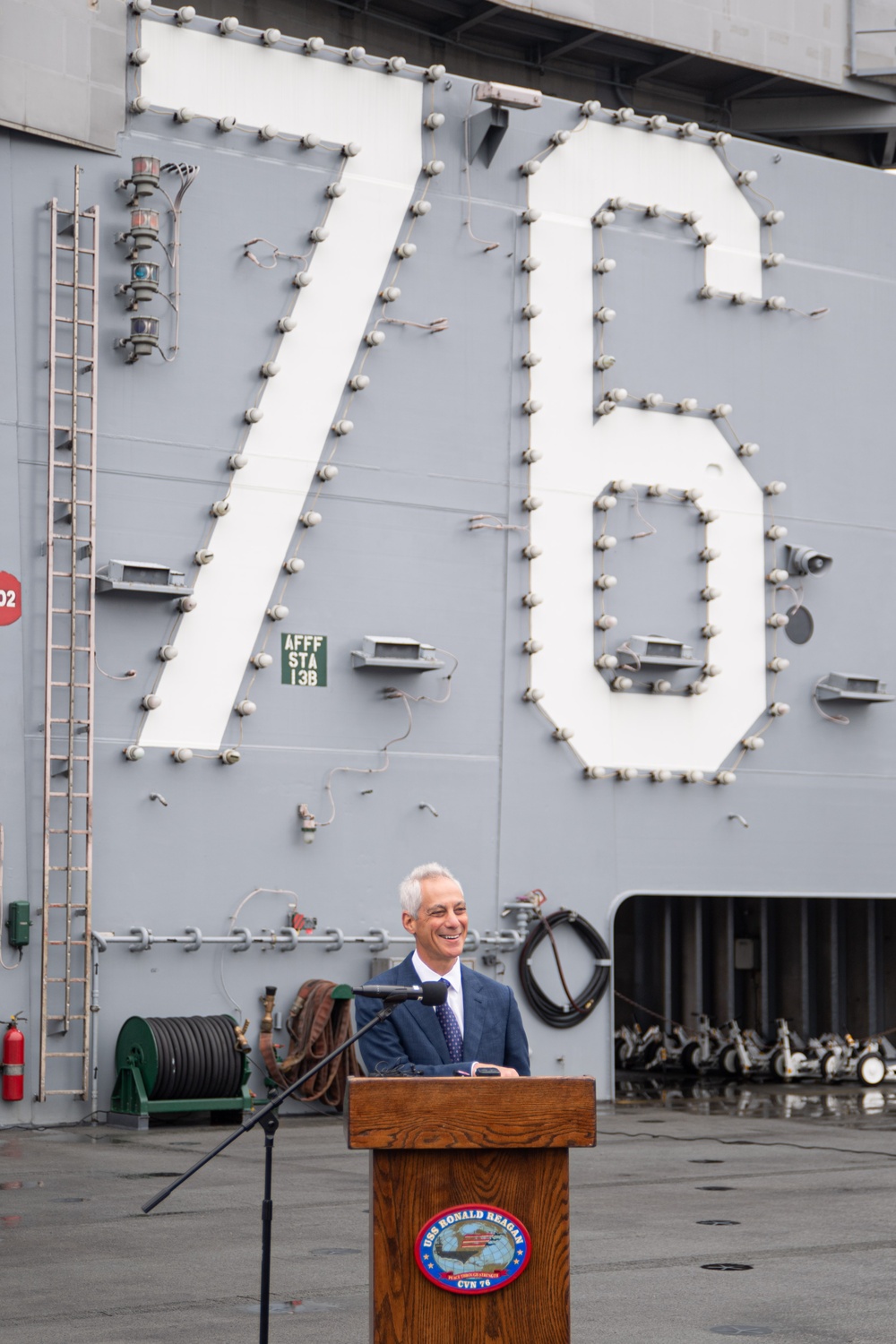 USS Ronald Reagan (CVN 76) hosts US Ambassador to Japan Rahm Emanuel, Japanese Government officials, leaders from the US Navy, JMSDF prior to departing Yokosuka, Japan after 9 years as FDNF carrier