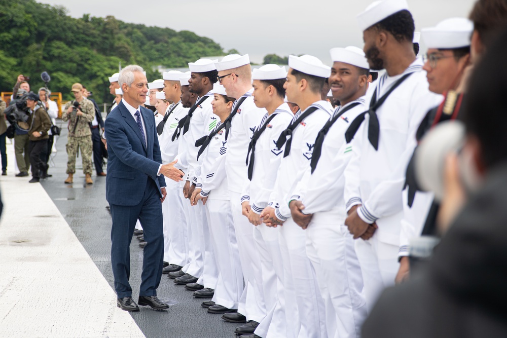 USS Ronald Reagan (CVN 76) hosts US Ambassador to Japan Rahm Emanuel, Japanese Government officials, leaders from the US Navy, JMSDF prior to departing Yokosuka, Japan after 9 years as FDNF carrier