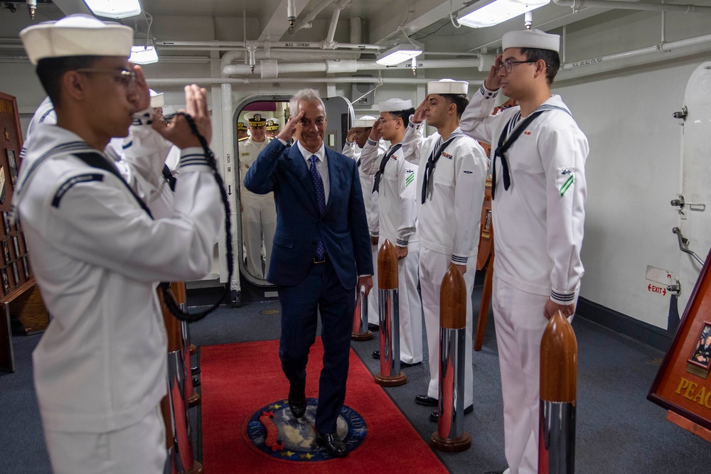 USS Ronald Reagan (CVN 76) hosts US Ambassador to Japan Rahm Emanuel, Japanese Government officials, leaders from the US Navy, JMSDF prior to departing Yokosuka, Japan after 9 years as FDNF carrier