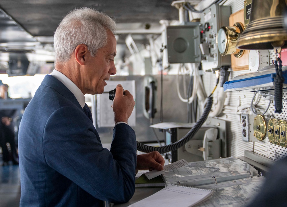 USS Ronald Reagan (CVN 76) hosts US Ambassador to Japan Rahm Emanuel, Japanese Government officials, leaders from the US Navy, JMSDF prior to departing Yokosuka, Japan after 9 years as FDNF carrier